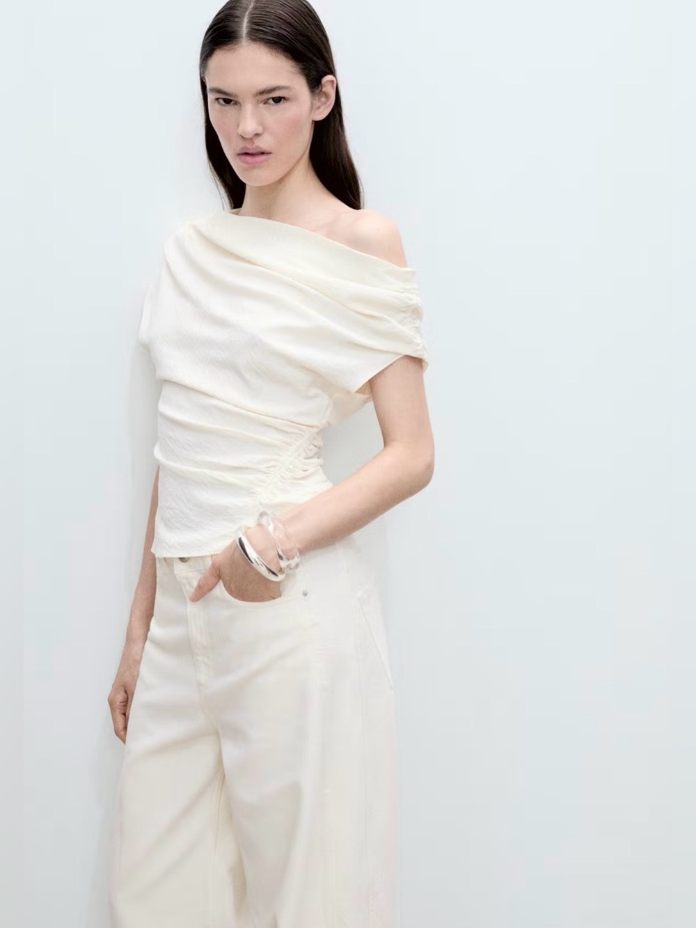 Mango asymmetrical draped top in a soft cream/butter yellow hue., size L